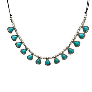 Bella Uno Necklace Faux Turquoise Teardrop Silver Tone Ball Chain Cord Signed